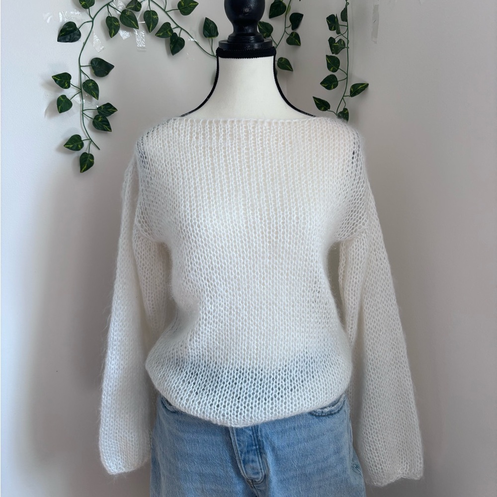 White Mohair Blend Boatneck Sweater